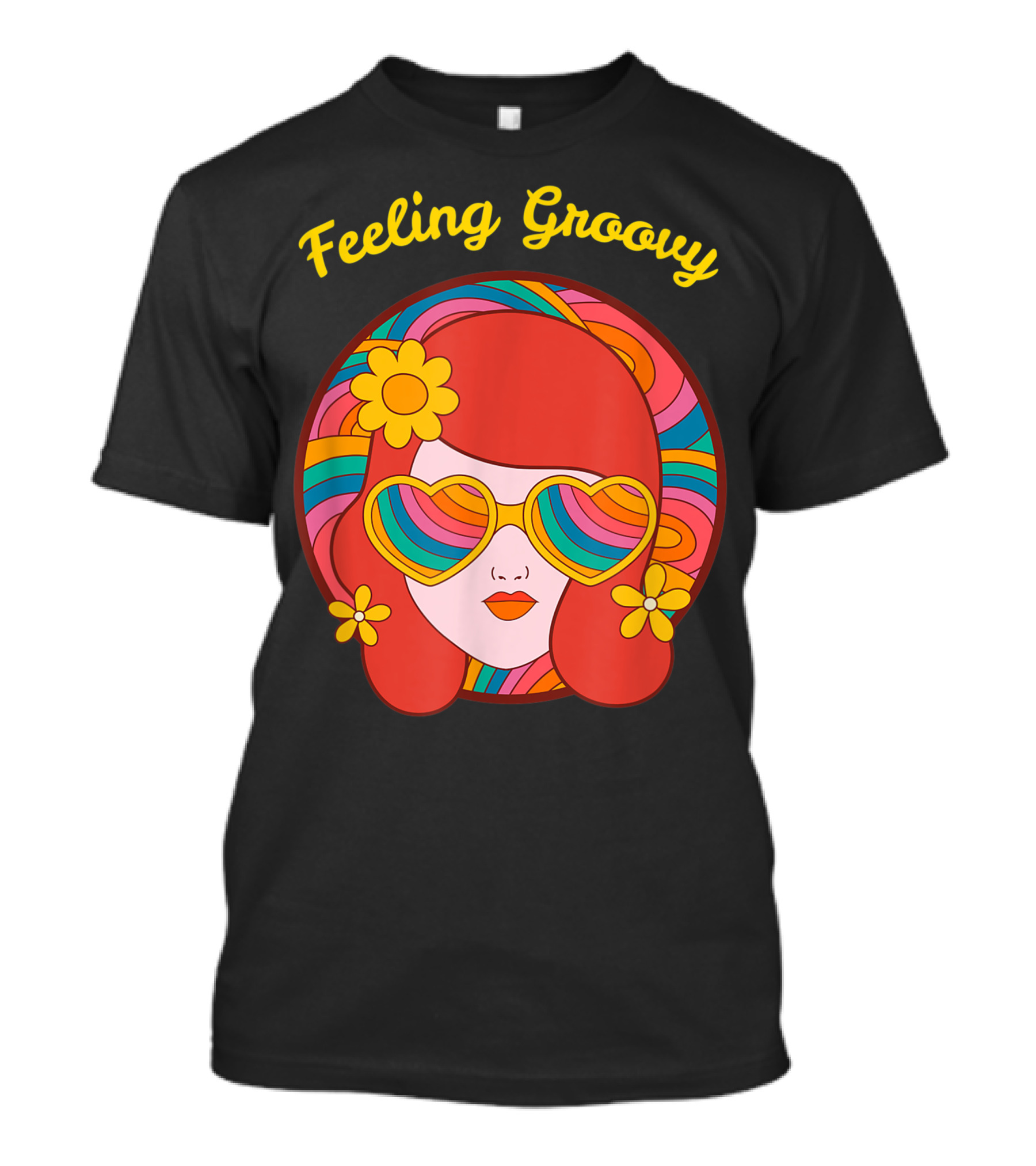 Feeling Groovy Hippie Boho Girl With Striped Sunglasses And Flowers T-Shirt