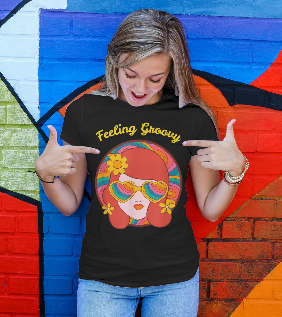 Feeling Groovy Hippie Boho Girl With Striped Sunglasses And Flowers T-Shirt