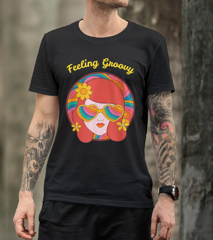Feeling Groovy Hippie Boho Girl With Striped Sunglasses And Flowers T-Shirt