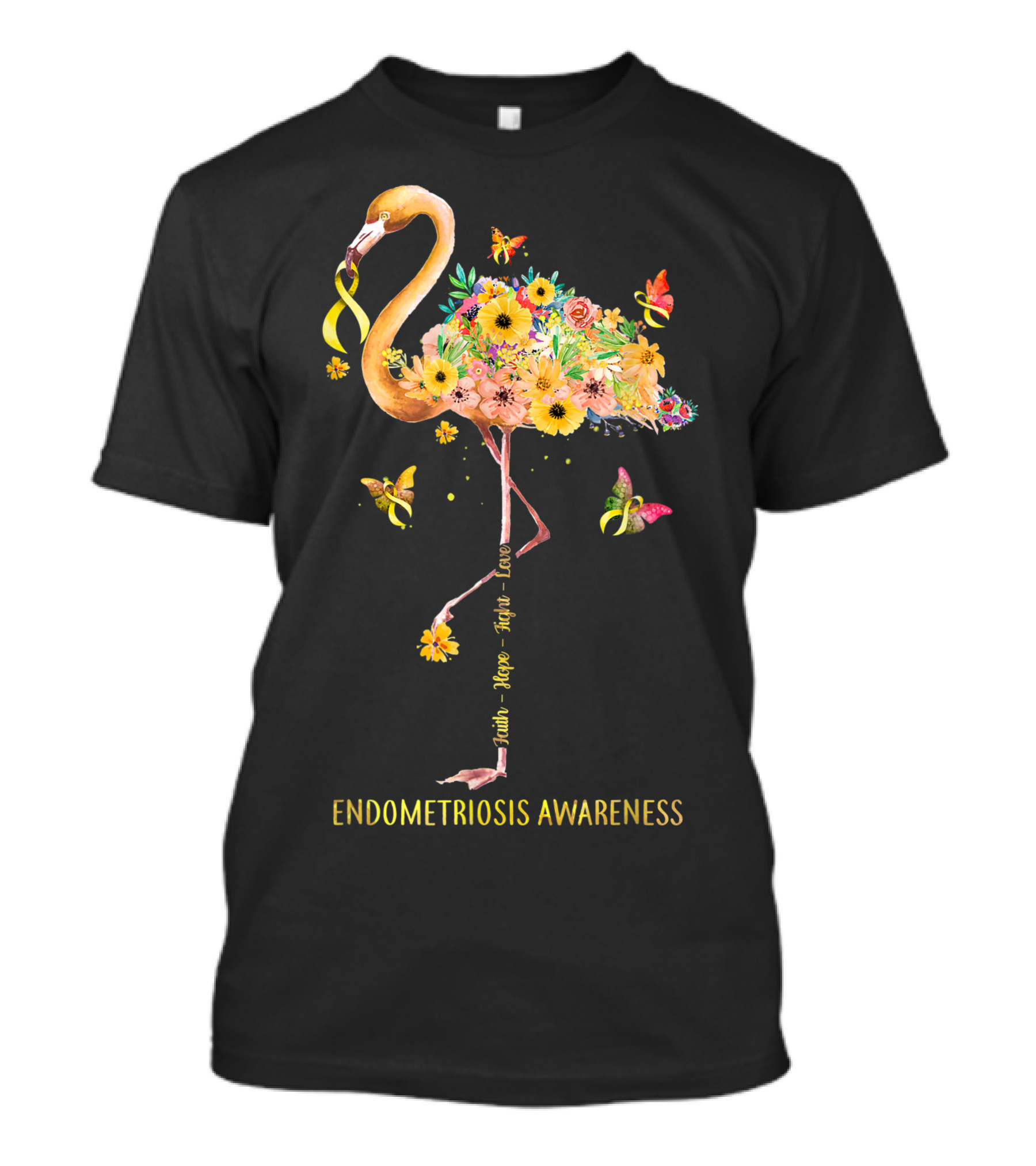Flamingo Faith Hope Fight Cure Endometriosis Awareness Floral Ribbon Butterflies T-Shirt