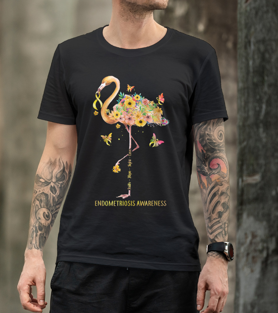 Flamingo Faith Hope Fight Cure Endometriosis Awareness Floral Ribbon Butterflies T-Shirt