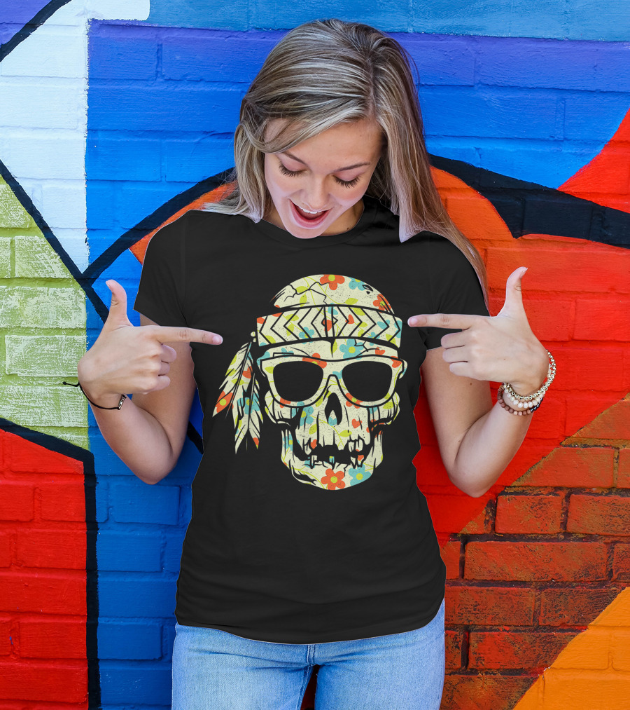 Floral Skull With Sunglasses And Headband Hippy T-Shirt