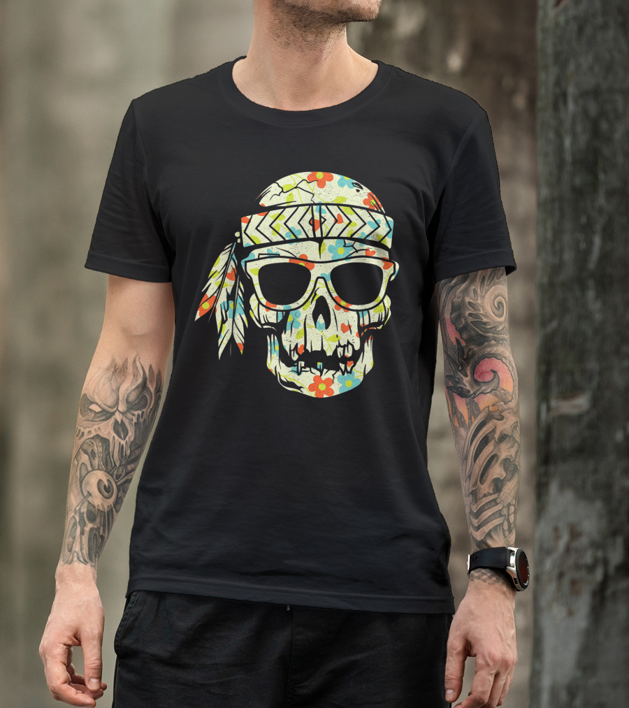 Floral Skull With Sunglasses And Headband Hippy T-Shirt