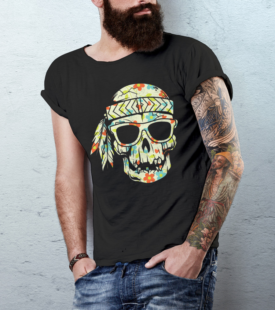 Floral Skull With Sunglasses And Headband Hippy T-Shirt