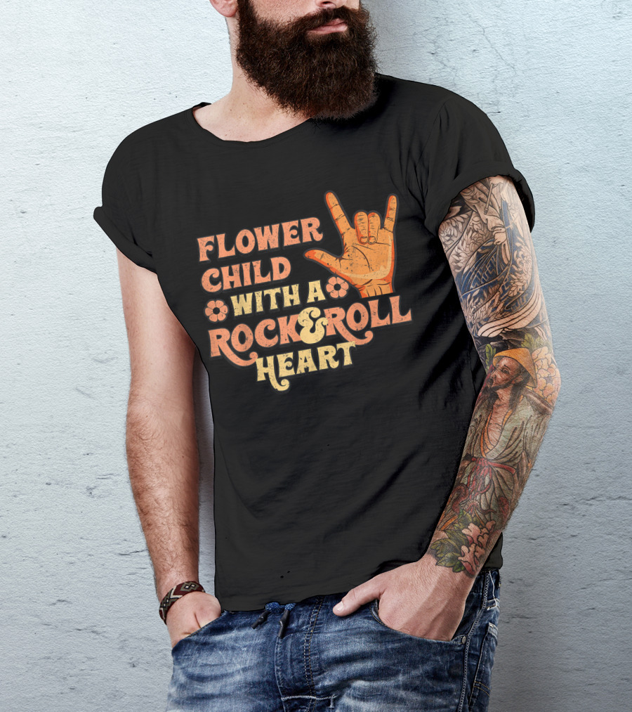 Flower Child With A Rock And Roll Heart Hand Sign Vintage 70s T-Shirt