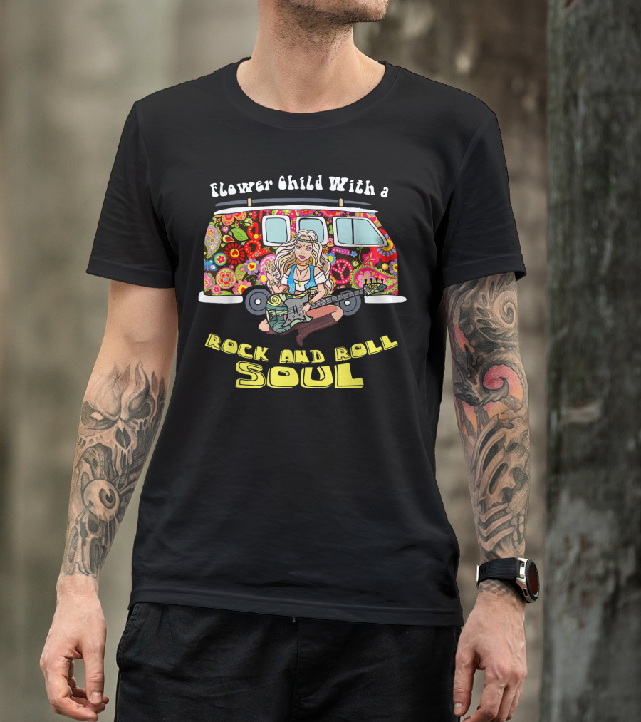 Flower Child With A Rock And Roll Soul Colorful Hippie Van Guitar Girl T-Shirt