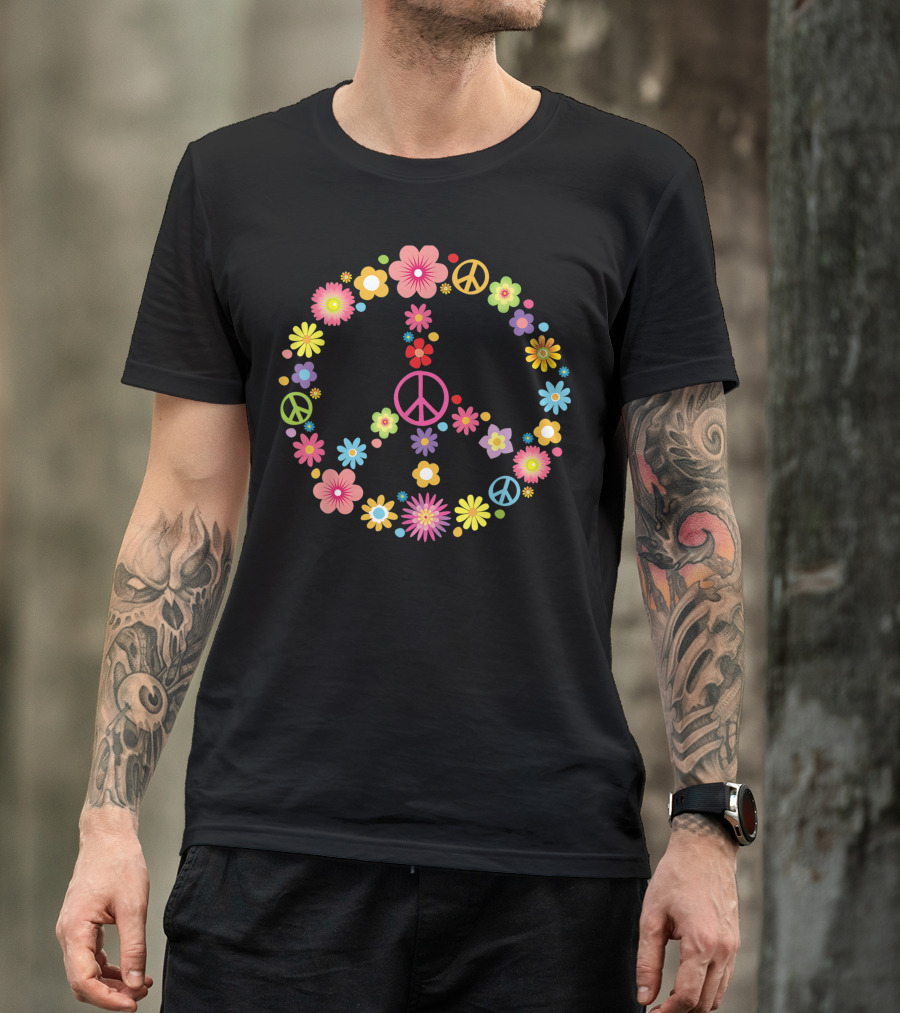 Flower Power Peace Sign Love Trippy 60s 70s Floral T-Shirt