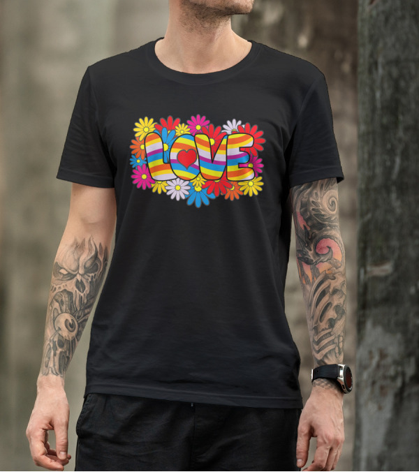 Flower Power Love Rainbow Heart Daisy Burst T-Shirt
