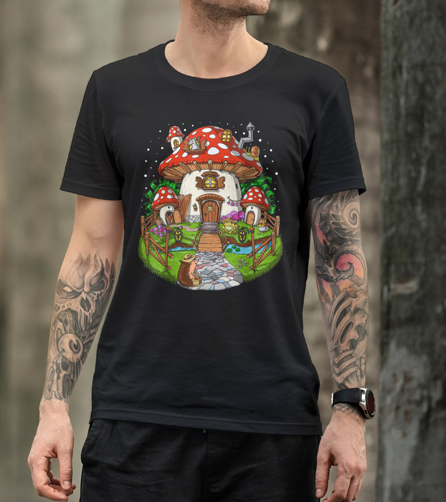 Forest Fantasy Mushroom House With Cute Fungi Creatures T-Shirt