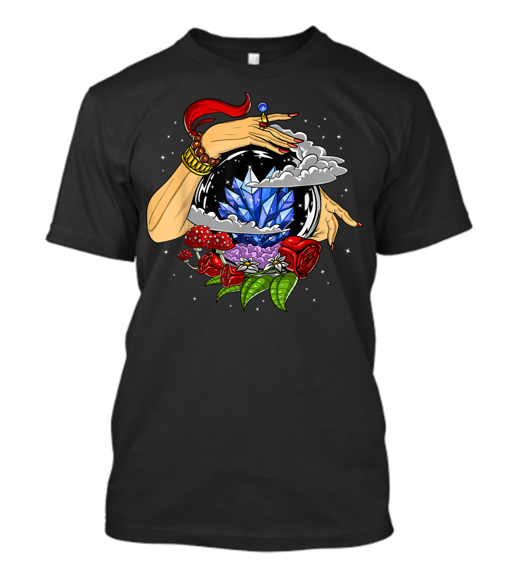 Fortune Teller Crystal Ball Psychic Witch With Red Roses And Spiritual Flowers T-Shirt