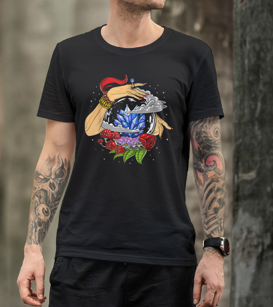 Fortune Teller Crystal Ball Psychic Witch With Red Roses And Spiritual Flowers T-Shirt