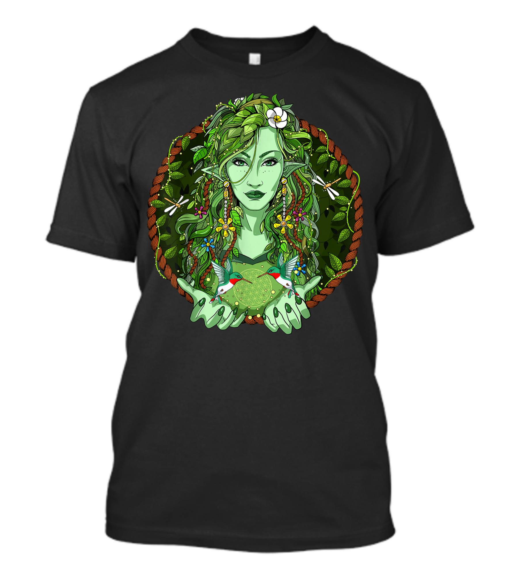 Forest Nature Spirit With Flowers, Hummingbirds, And Dragonflies T-Shirt