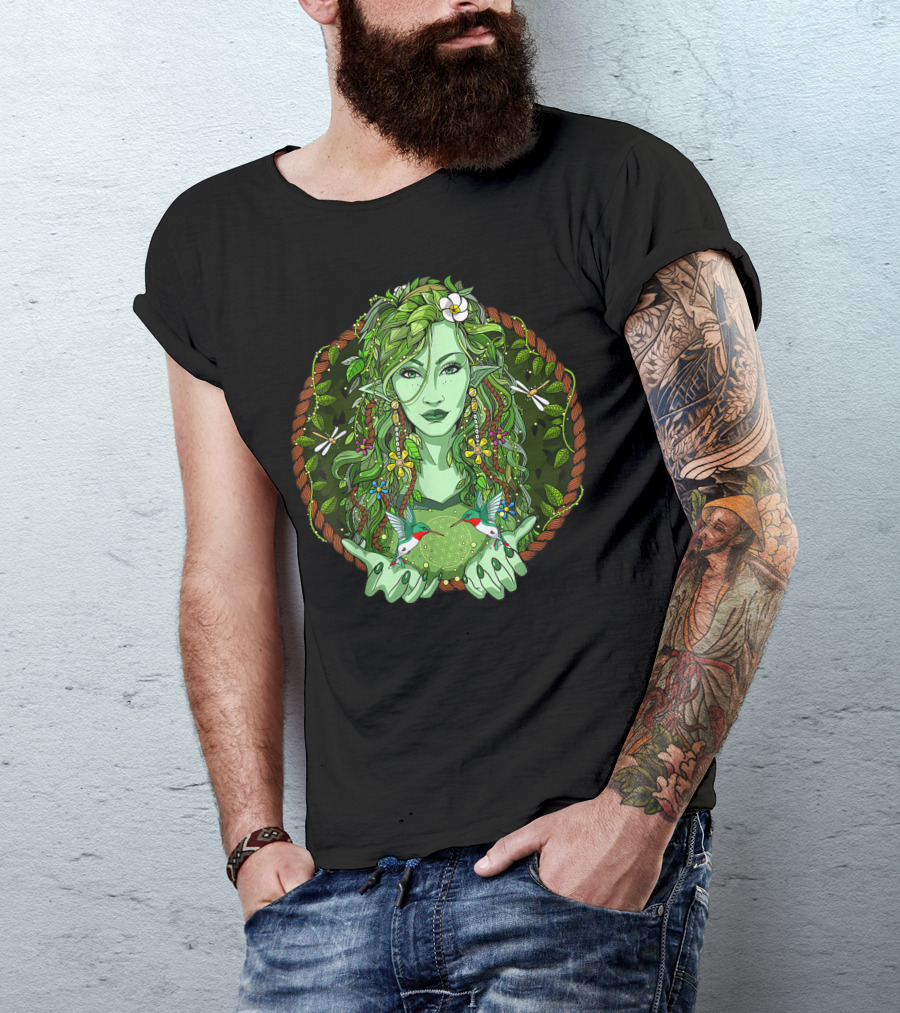 Forest Nature Spirit With Flowers, Hummingbirds, And Dragonflies T-Shirt