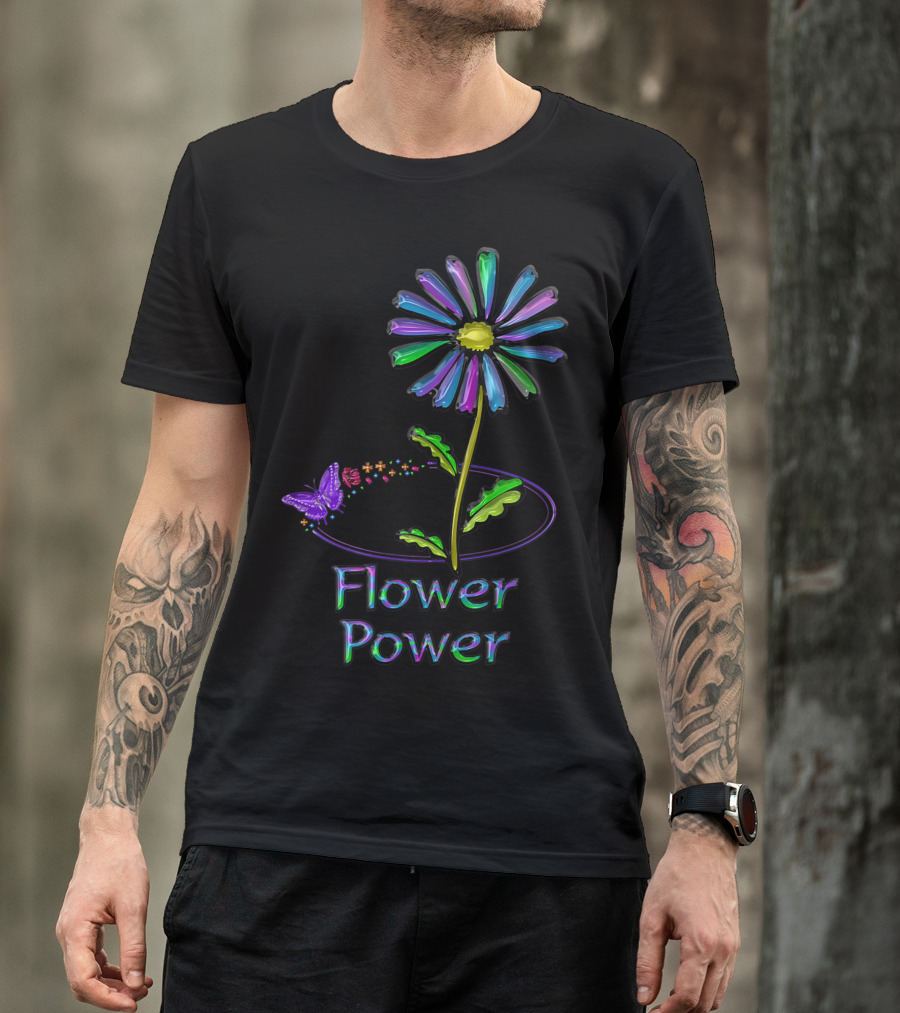 Colorful Flower Power With Butterfly And Rainbow Petals T-Shirt