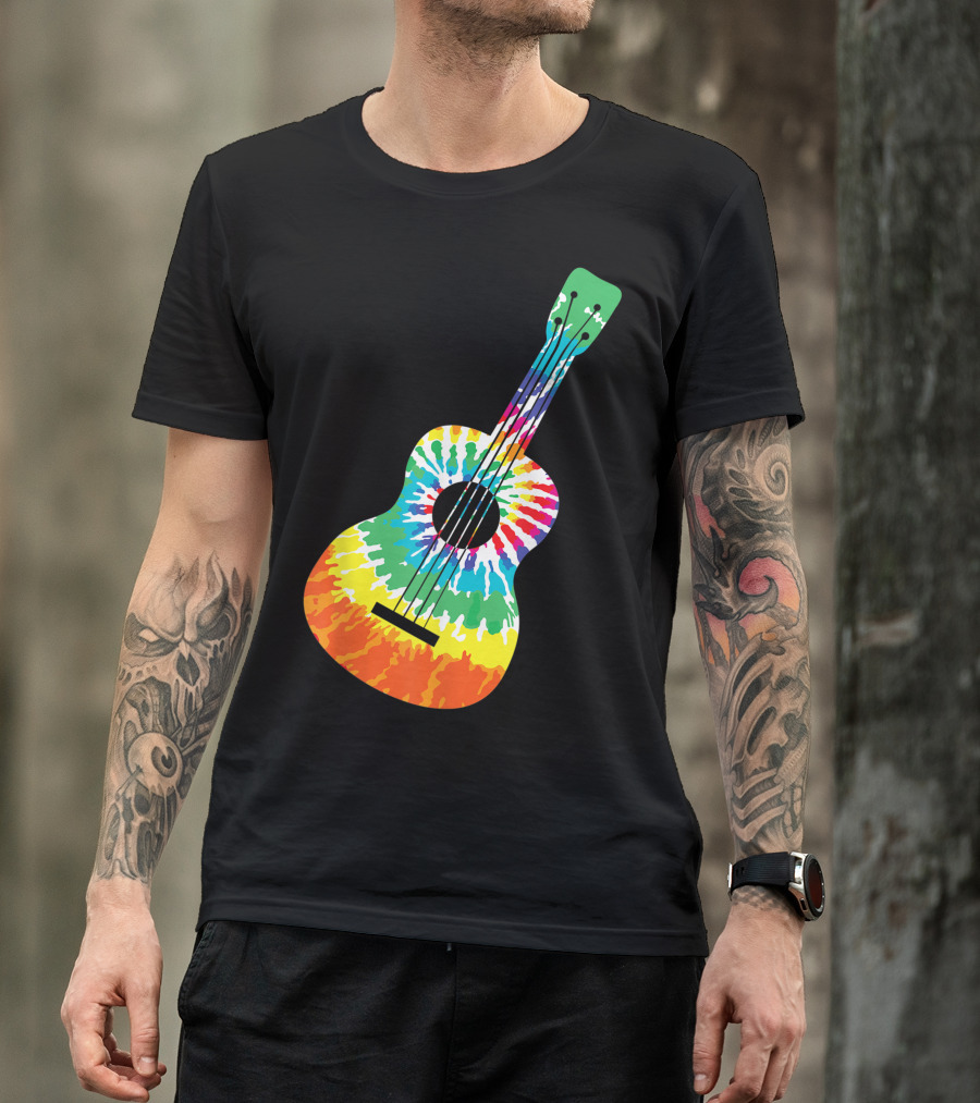 Fun Colorful Hippie Tie Dye Rainbow Acoustic Guitar T-Shirt