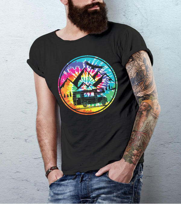 Hippie Rainbow Tie-Dye RV Adventure With Mountain Scene And Eagle T-Shirt