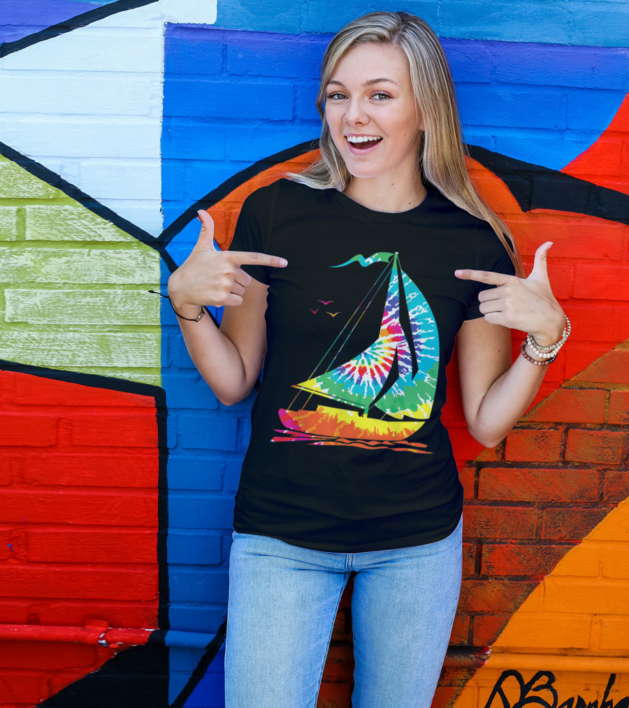 Hippie Rainbow Tie Dye Sailboat Fun Sailing Ocean View T-Shirt
