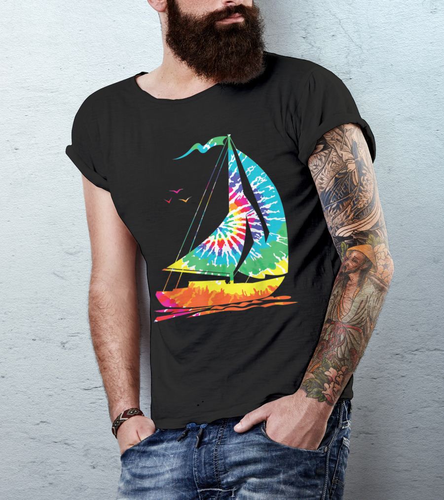 Hippie Rainbow Tie Dye Sailboat Fun Sailing Ocean View T-Shirt