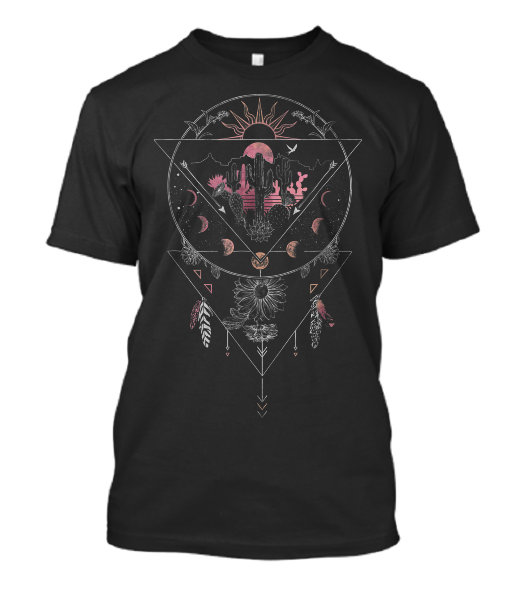 Geometric Desert Scene Moon Phases Boho Cactus Sun Triangles Feathers Floral 3G T-Shirt