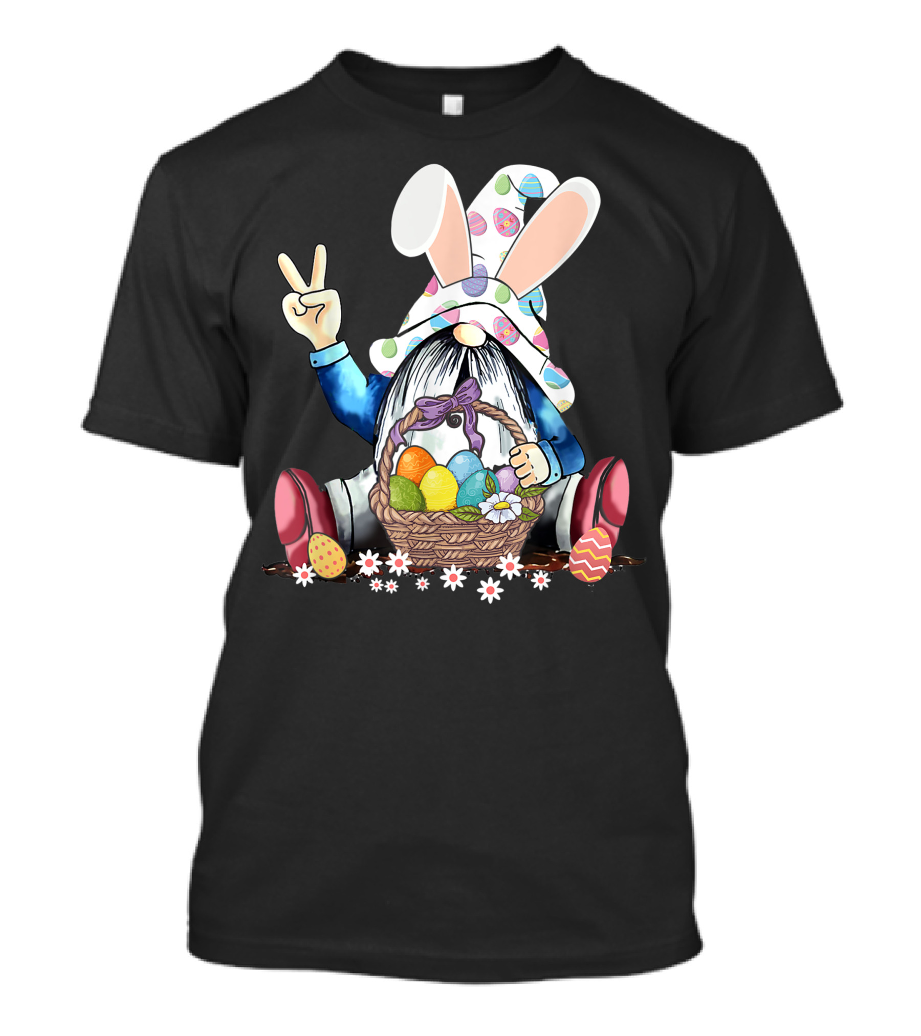 Bunny Hat Peace Sign Gnome With Easter Egg Basket And Flowers T-Shirt