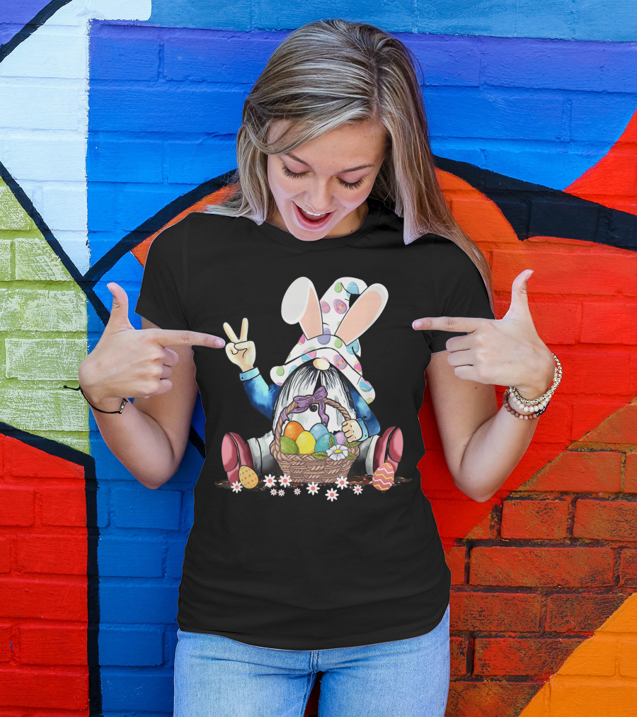 Bunny Hat Peace Sign Gnome With Easter Egg Basket And Flowers T-Shirt