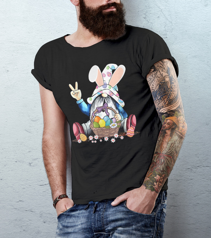 Bunny Hat Peace Sign Gnome With Easter Egg Basket And Flowers T-Shirt