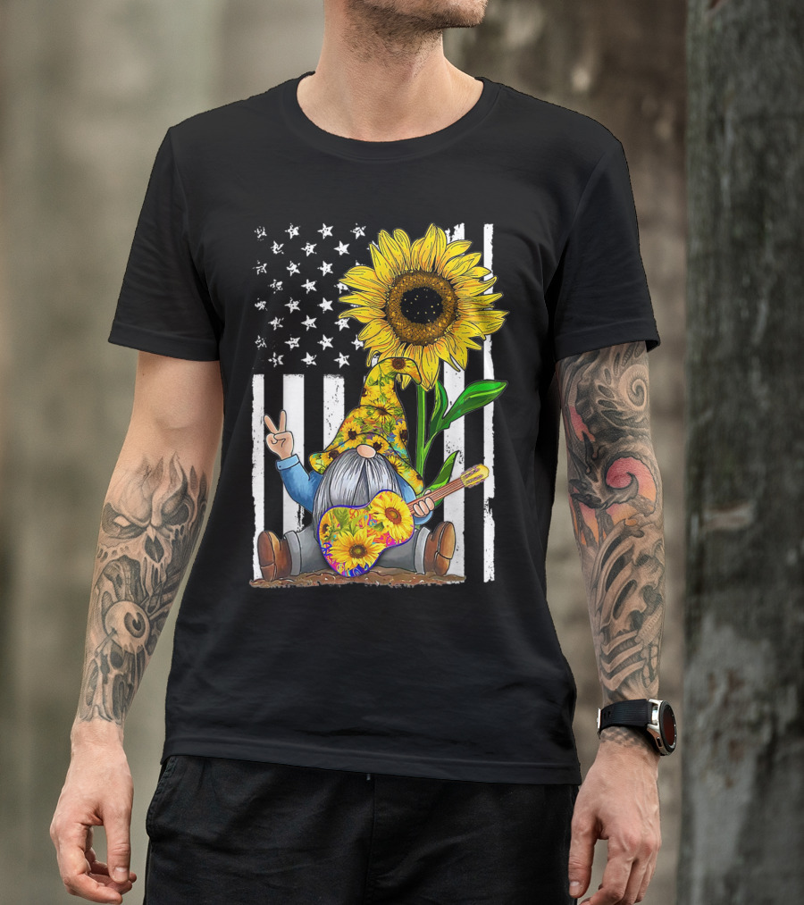 Gnome Playing Guitar Sunflower Hippie Gnomes American Flag Peace Sign T-Shirt