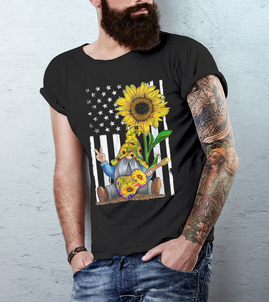 Gnome Playing Guitar Sunflower Hippie Gnomes American Flag Peace Sign T-Shirt