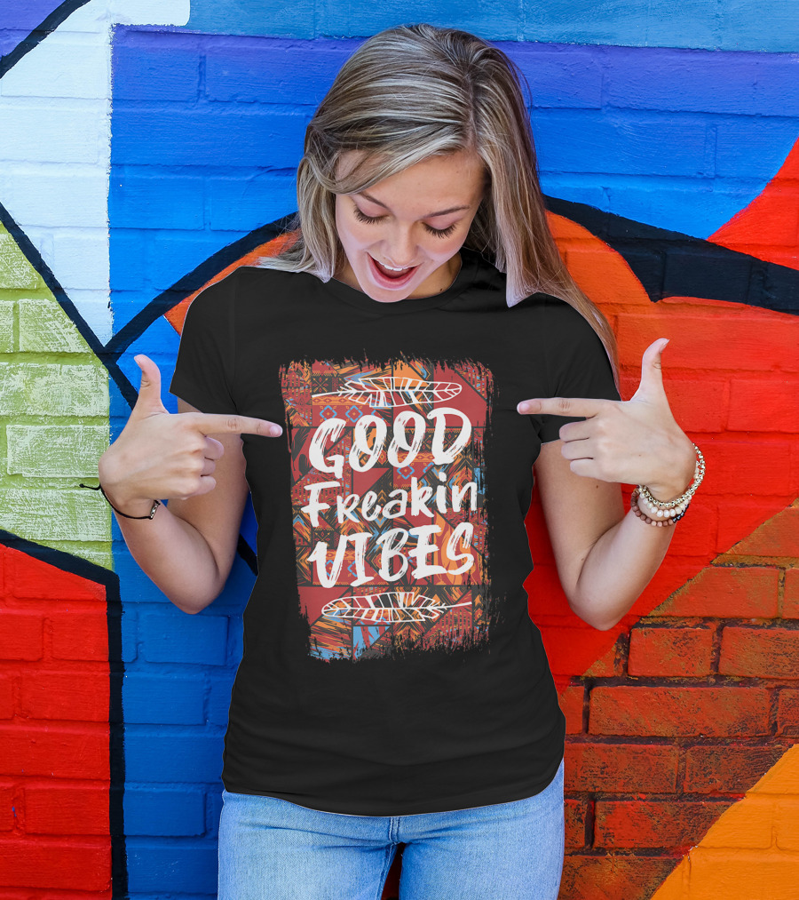 Good Freakin Vibes Hippie Boho Patchwork Feather Decor T-Shirt