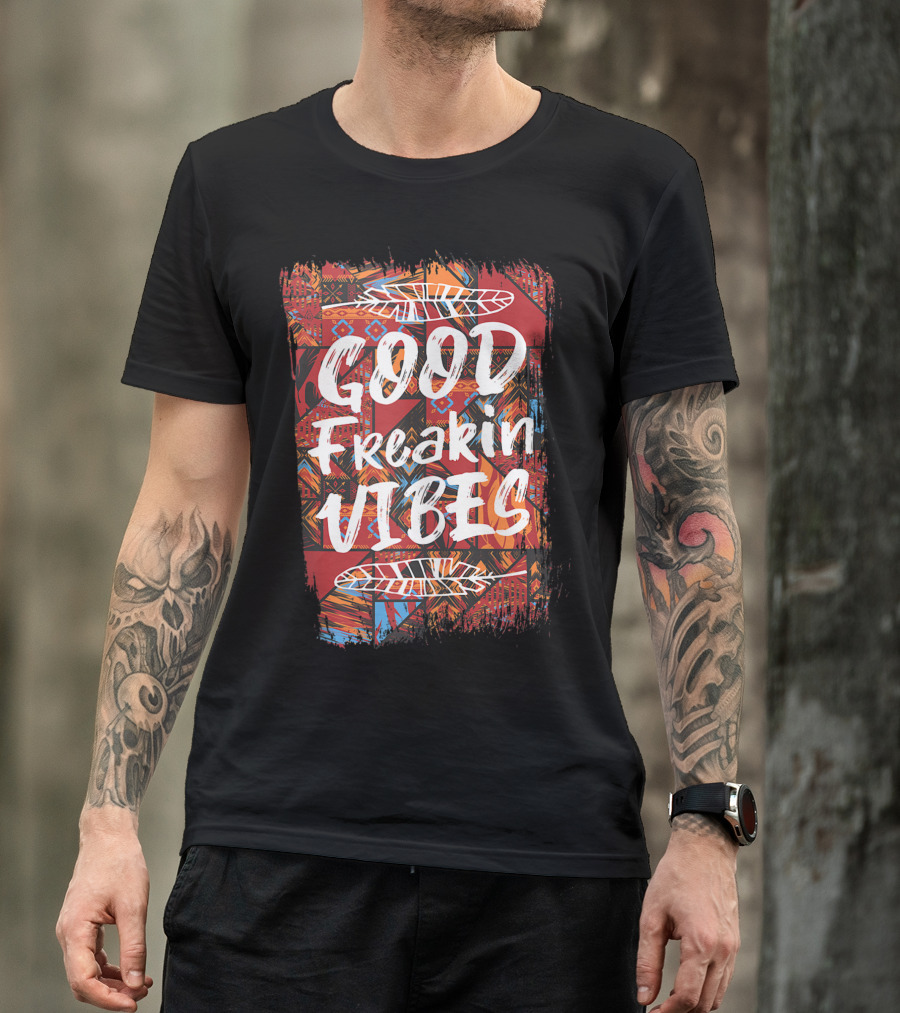 Good Freakin Vibes Hippie Boho Patchwork Feather Decor T-Shirt