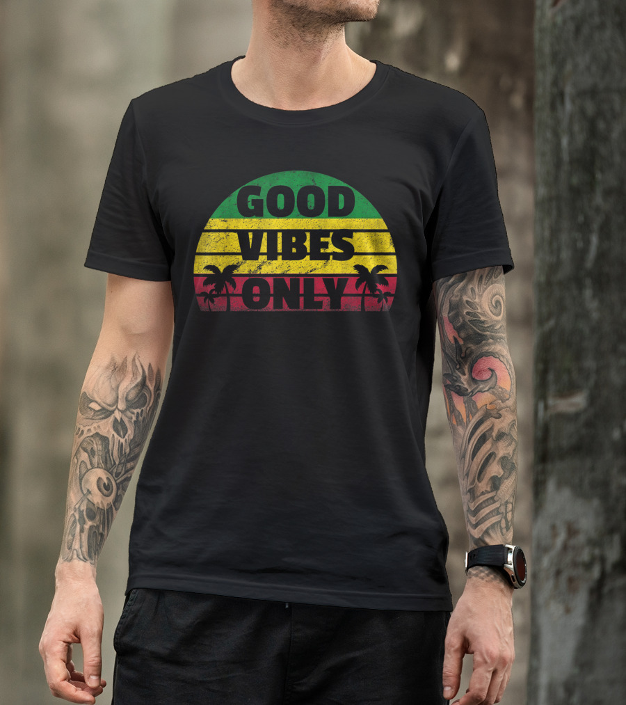 Good Vibes Only Rasta Jamaican Reggae Palm Trees Green Yellow Red Stripes T-Shirt
