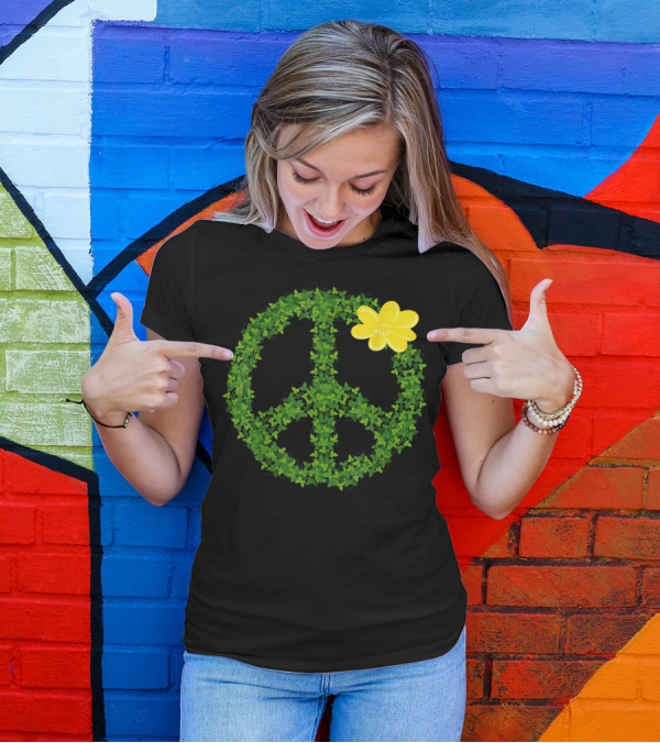 Green Garden Peace Sign With Yellow Flower Nature Elements T-Shirt