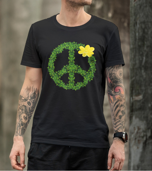 Green Garden Peace Sign With Yellow Flower Nature Elements T-Shirt
