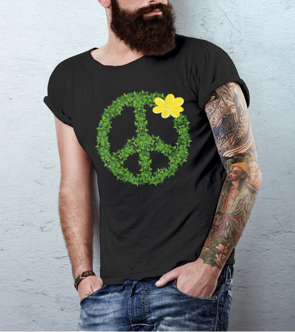 Green Garden Peace Sign With Yellow Flower Nature Elements T-Shirt