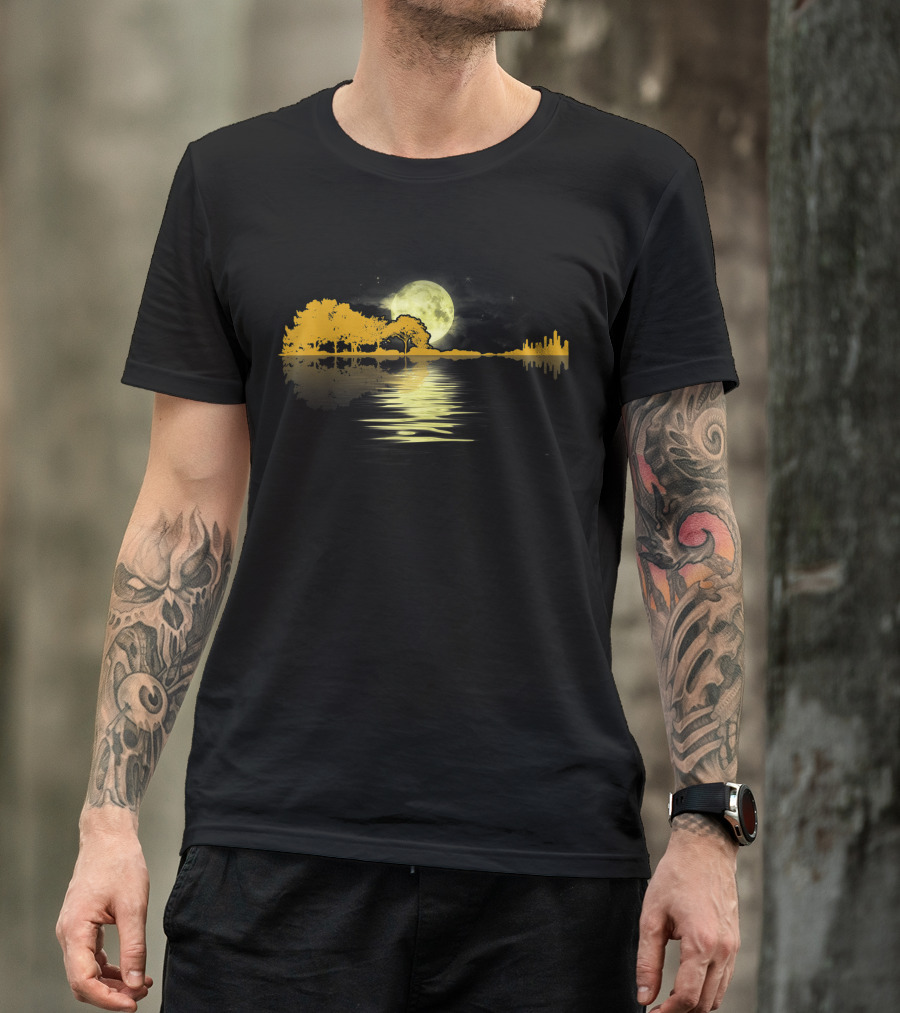 Guitar Shadow Lake Reflection Love Under Moonlit Trees T-Shirt