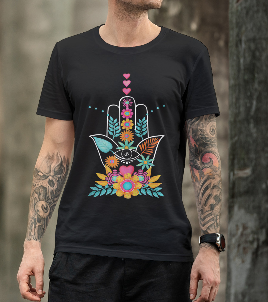 Hamsa Hand Of Fatima With Vibrant Flowers And Evil Eye Symbol For Spiritual Protection T-Shirt