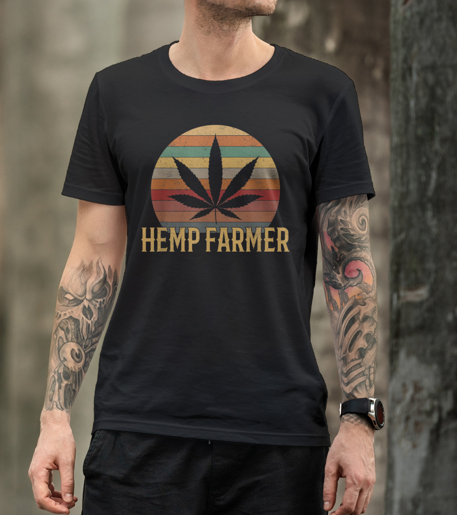 Hemp Farmer Retro Cannabis Leaf Circle Stripes T-Shirt