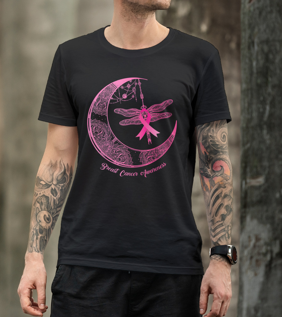 Breast Cancer Awareness Henna Moon Dragonfly Pink T-Shirt