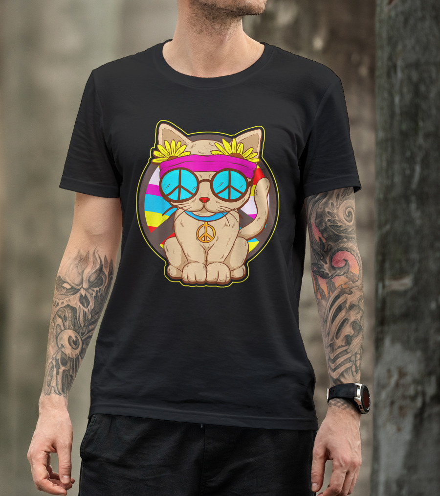 Hippie Cat Peace Flower Power Rainbow Glasses T-Shirt