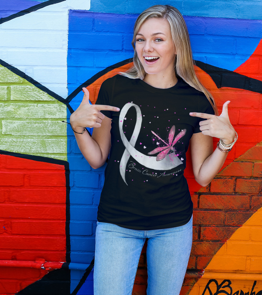 Brain Cancer Awareness Hippie Dragonfly Gray Ribbon S6 T-Shirt