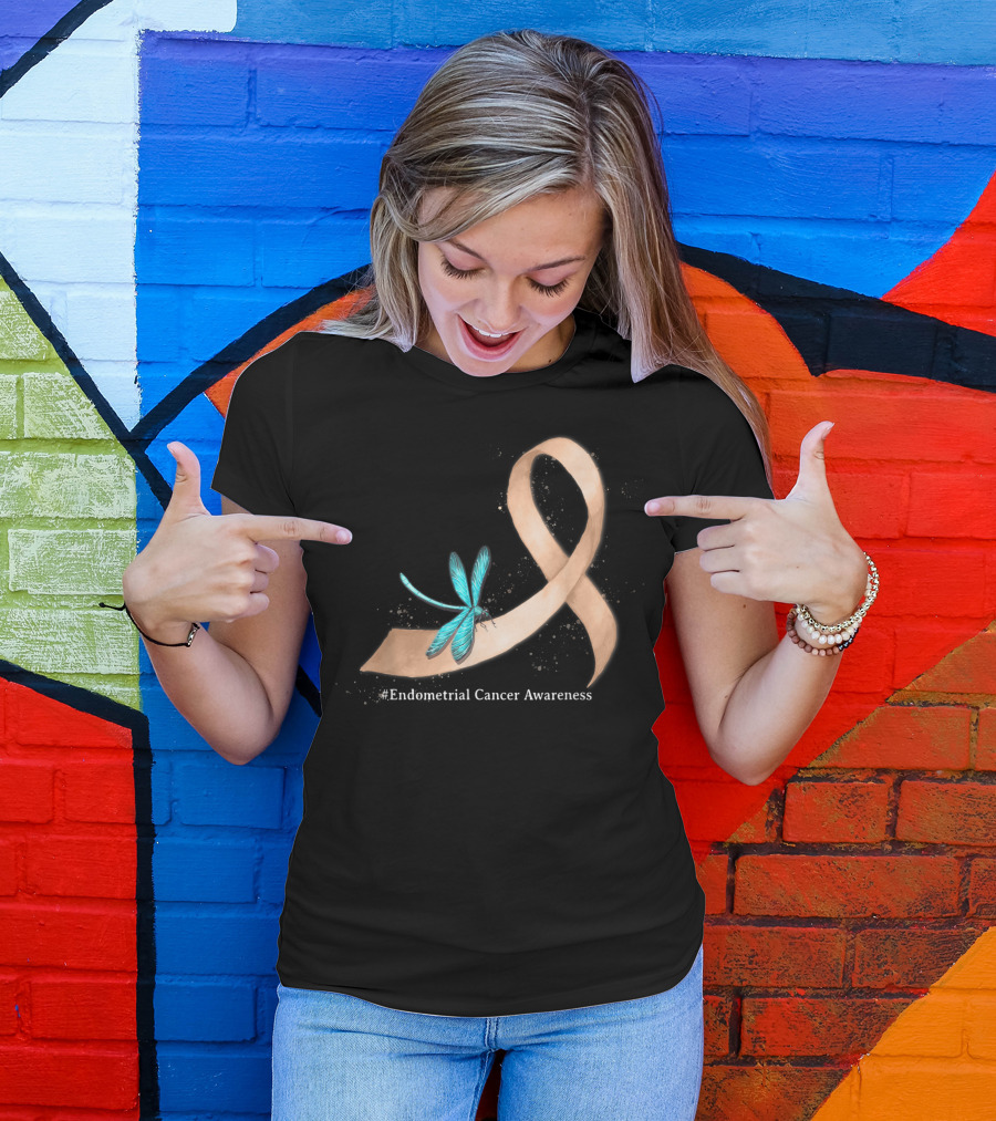 Endometrial Cancer Awareness Peach Ribbon Hippie Dragonfly T-Shirt