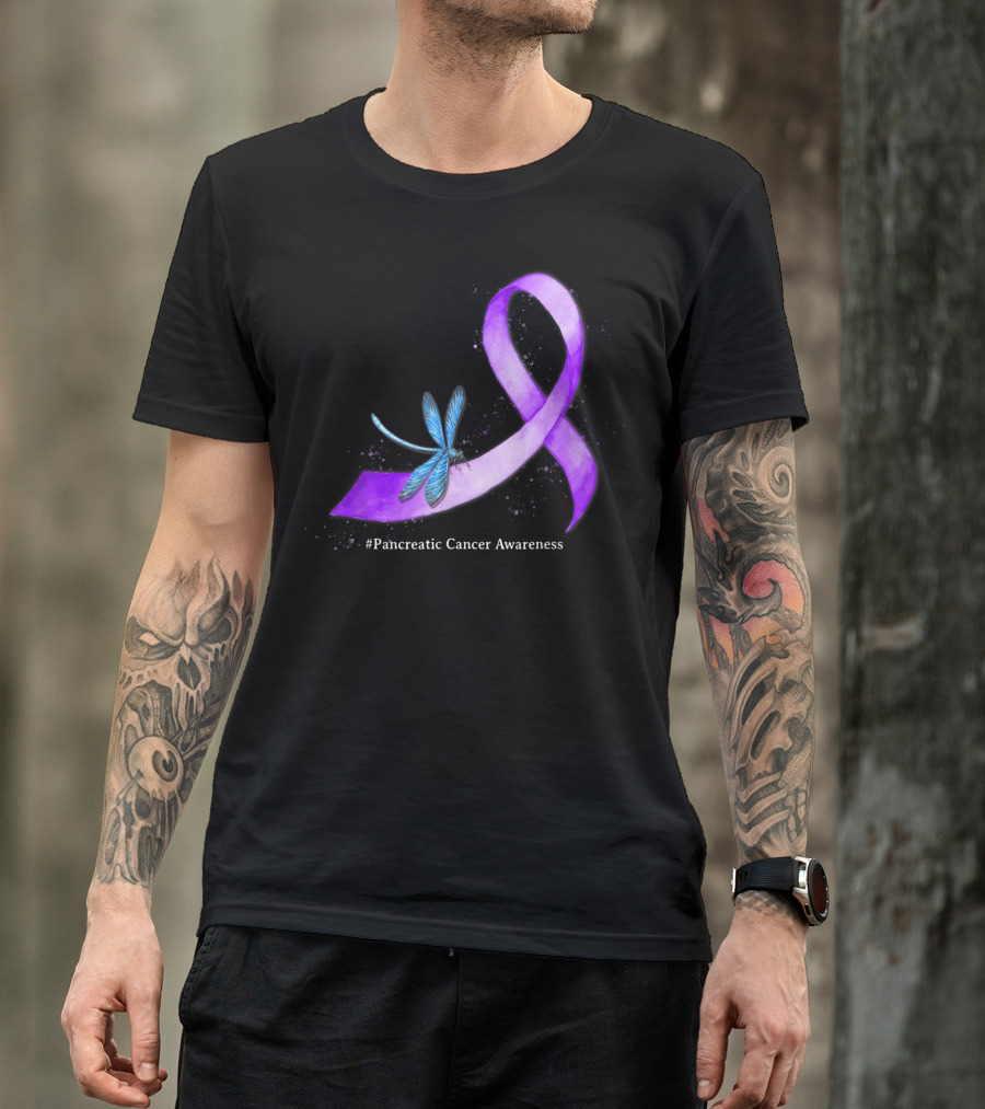 Pancreatic Cancer Awareness Purple Ribbon With Blue Dragonfly T-Shirt