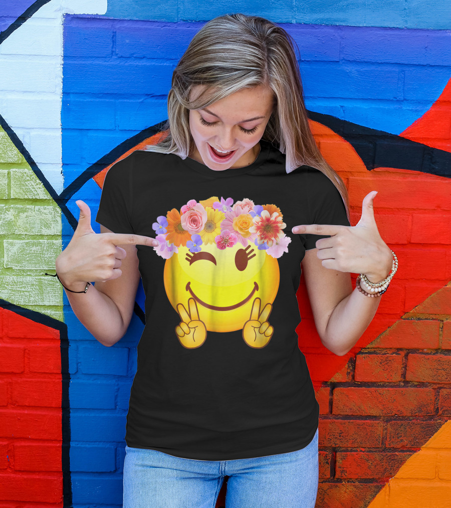 Hippie Flower Power Crown Peace Happy Face Emoji Smiley T-Shirt