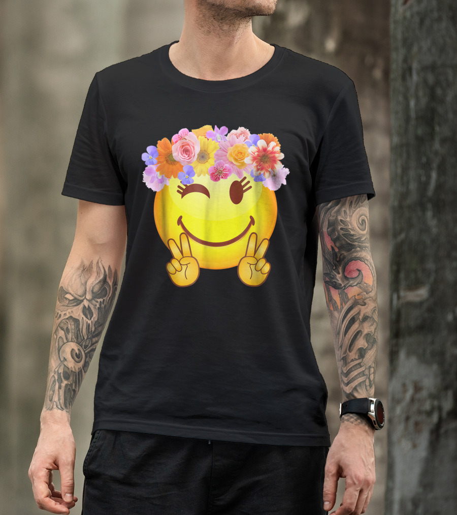 Hippie Flower Power Crown Peace Happy Face Emoji Smiley T-Shirt