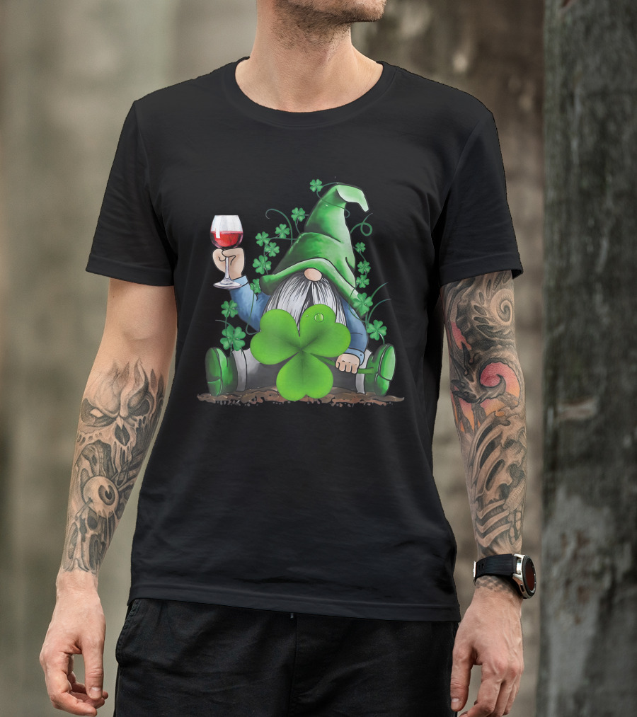 Hippie Gnome Holding Wine Surrounded By Shamrocks T-Shirt