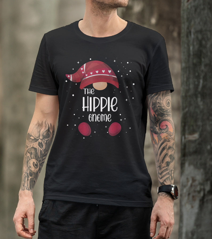 The Hippie Gnome With Heart Patterned Hat And Stars T-Shirt