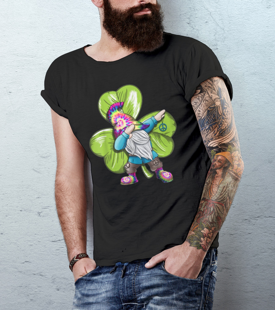 Hippie Gnomes Tie-Dye Dabbing Gnome With Peace Sign And Shamrock T-Shirt