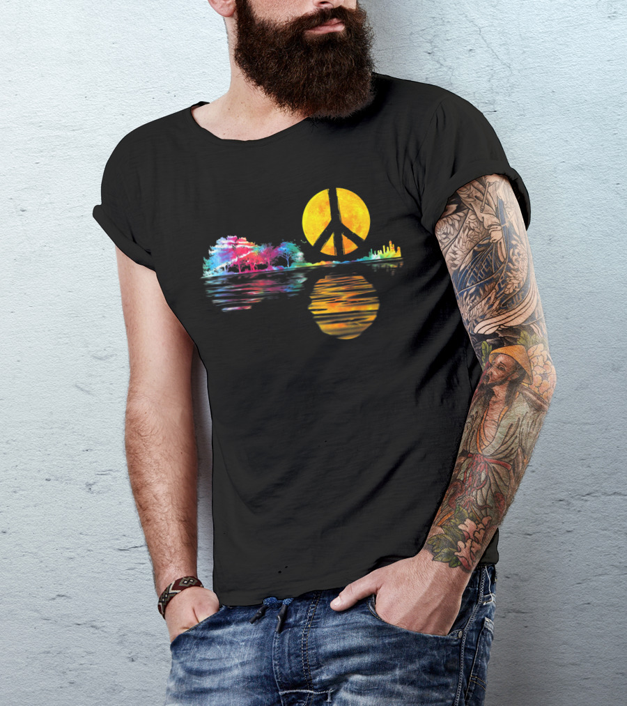 Hippie Peace Sign Moon Landscape With Guitarist Musician And Colorful Trees T-Shirt