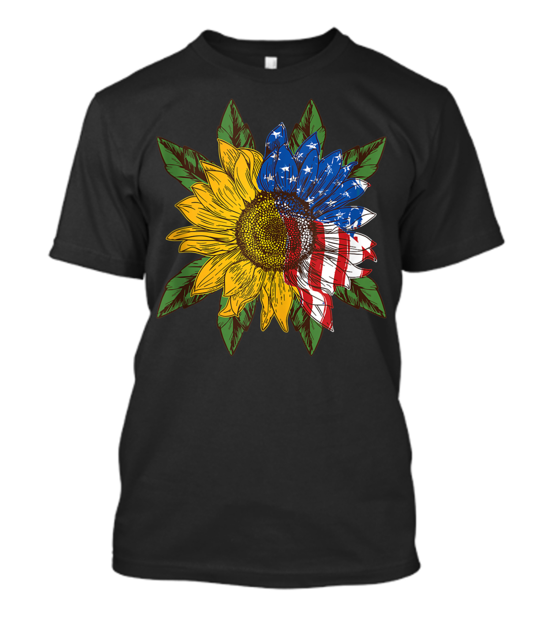 Hippie Peace Sunflower With American Flag Petals And Leaves T-Shirt