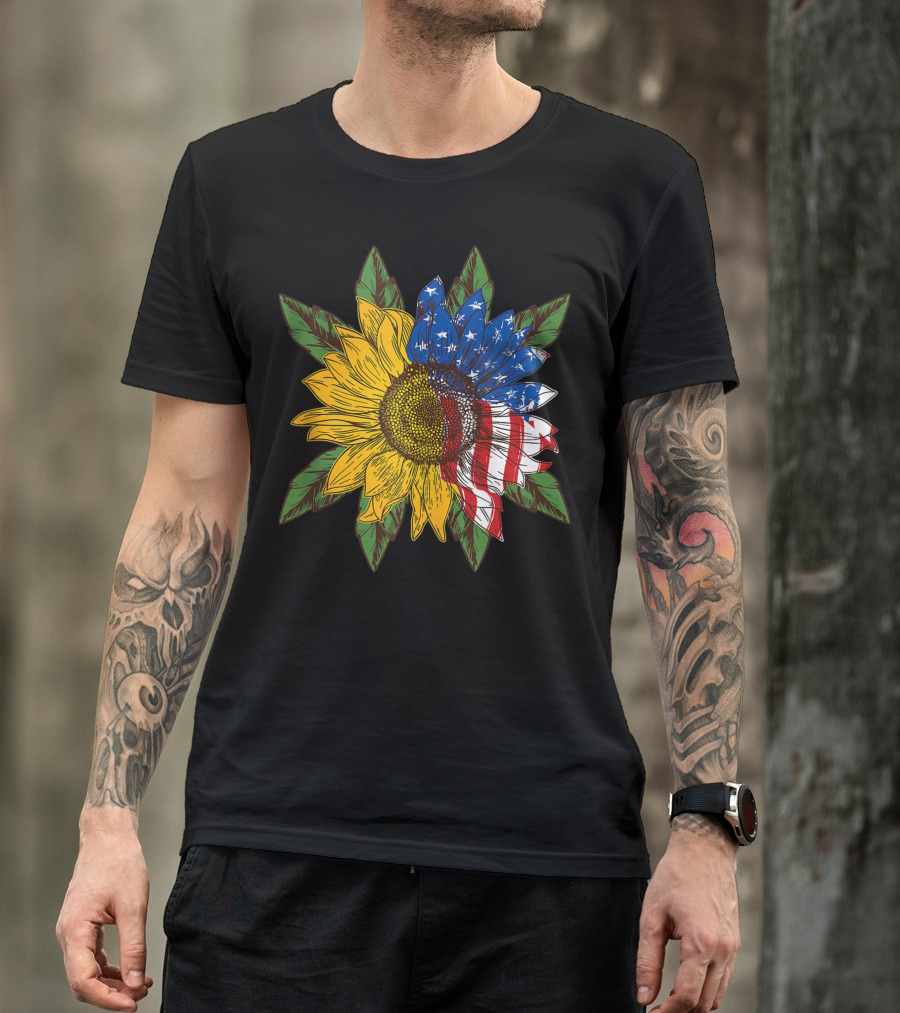Hippie Peace Sunflower With American Flag Petals And Leaves T-Shirt
